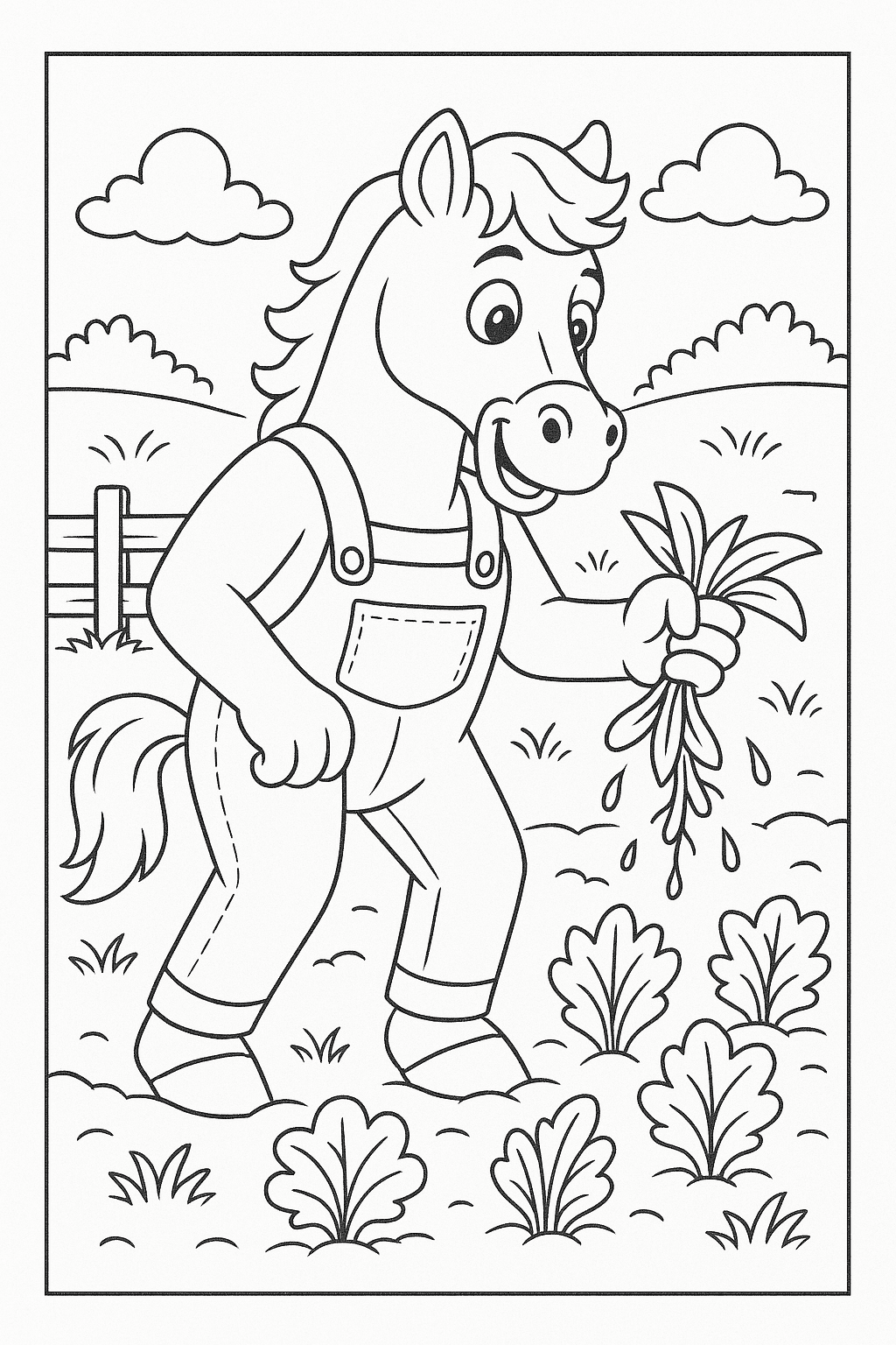 Horse weeding a garden coloring page